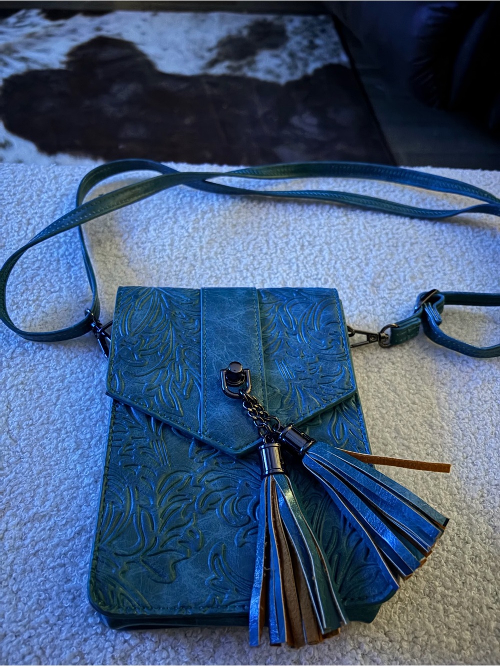 Teal Floral Embossed Crossbody Phone Bag with Tassel